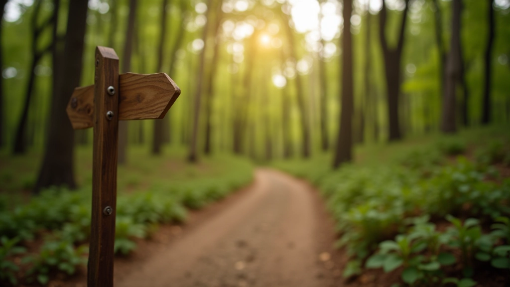 Wooden trail marker sign on hiking path through forested terrain