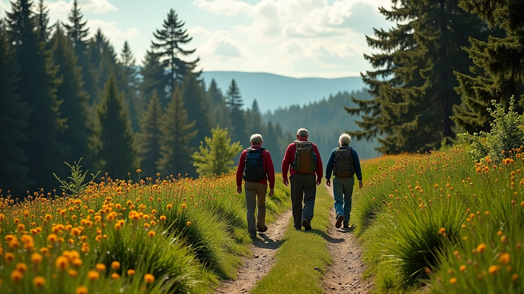 Retirees hiking on scenic forest trail with comfortable pacing and rest stops